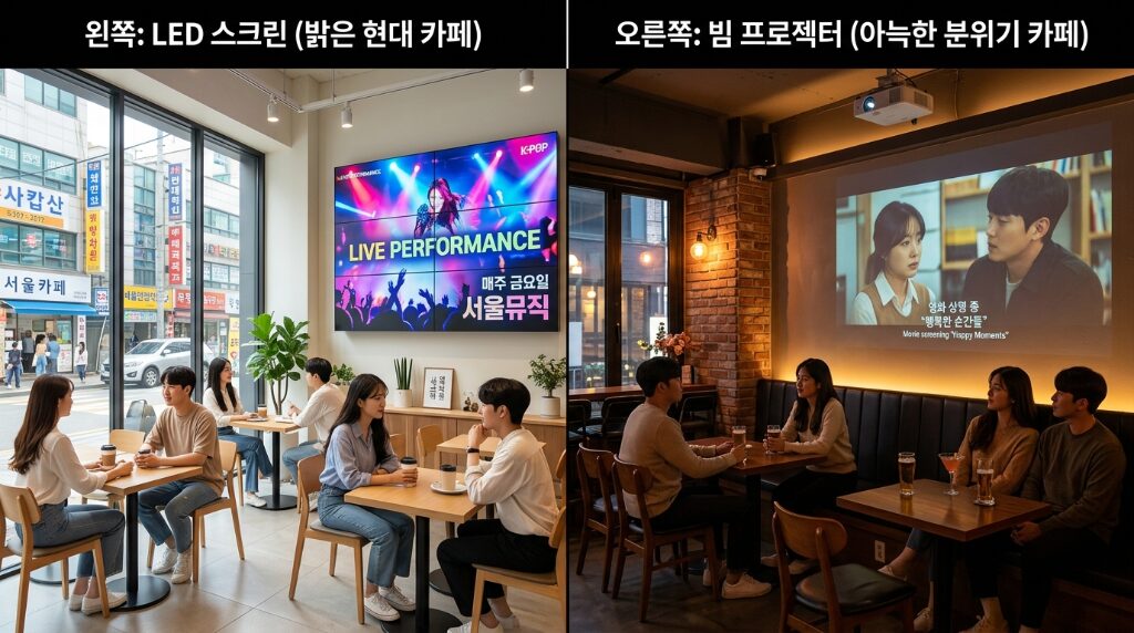 LED 스크린과 빔프로젝터 비교 - 밝은 카페의 LED 스크린 vs 아늑한 카페의 빔프로젝터